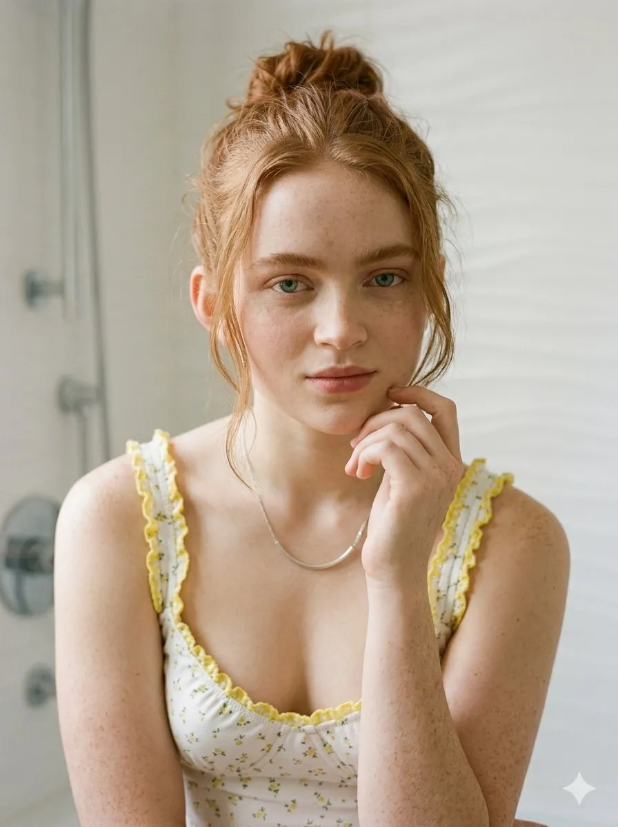 Пример структурированного промпта для портрета Sadie Sink у ванны в современной ванной комнате. · пример 2
