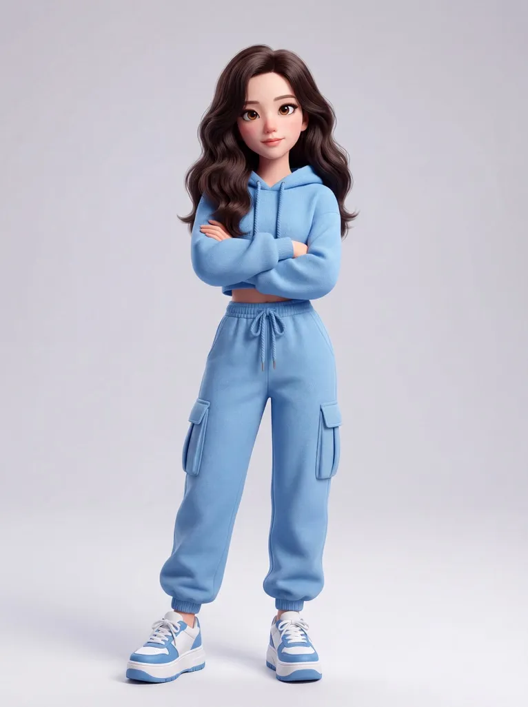Промпт для 3D-персонажа Rosé в лавандовой одежде на сером фоне. · пример 4