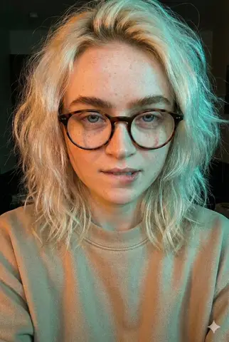 Молодая женщина в очках снимает себя крупным планом; лицо освещено тёплым красно-оранжевым и холодным бирюзовым светом.