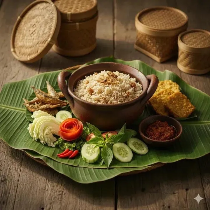 Промпт для фуд-фотографии Nasi Tumpeng с жёлтым рисом, гарнирами и яванским декором. · пример 2