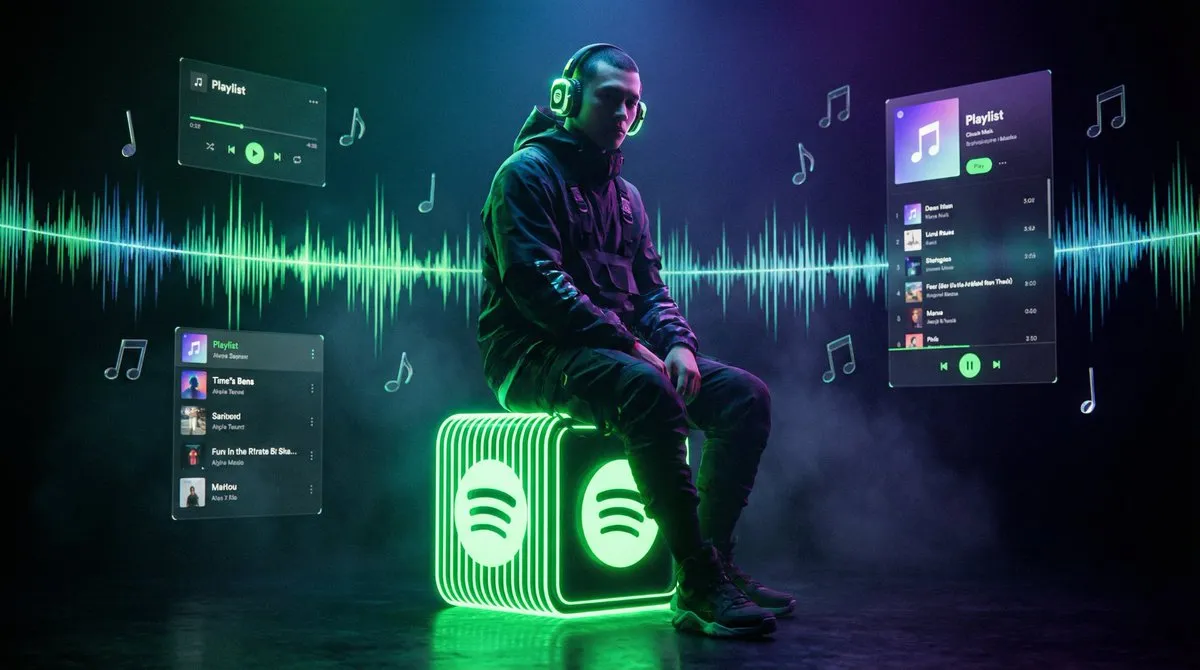 Человек в наушниках сидит у неоновой табуретки Spotify среди голографических волн. · пример 2