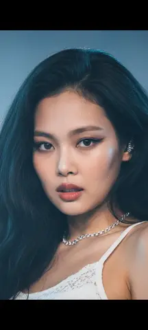 Промпт задаёт сценический портрет Jennie Kim в движении с холодной синей подсветкой и дымкой.