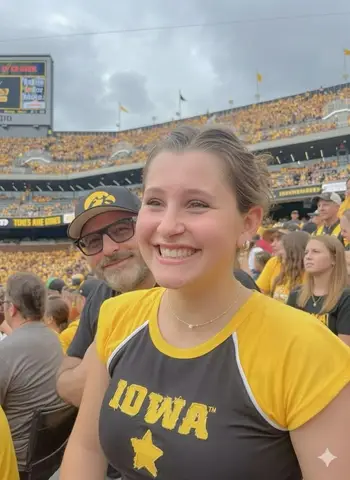 Женщина улыбается на стадионе в чёрно-жёлтой футболке Iowa с надписью IOWA.