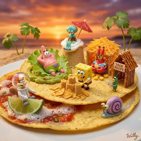 Миниатюрный пляжный курорт из ингредиентов тако с персонажами SpongeBob.