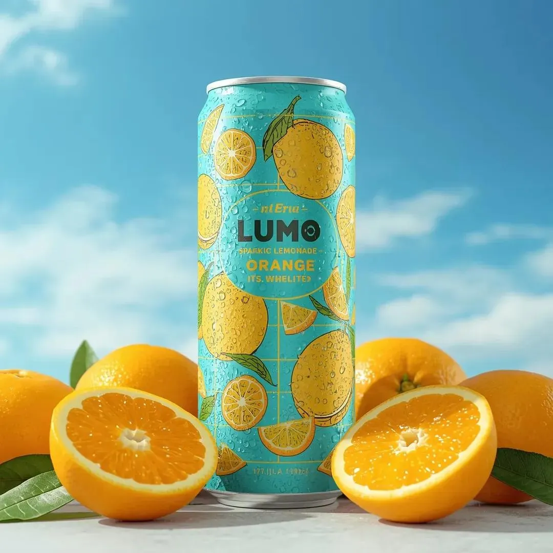 Текстовый промпт для рекламной фотографии банки LUMO с апельсинами. · пример 3