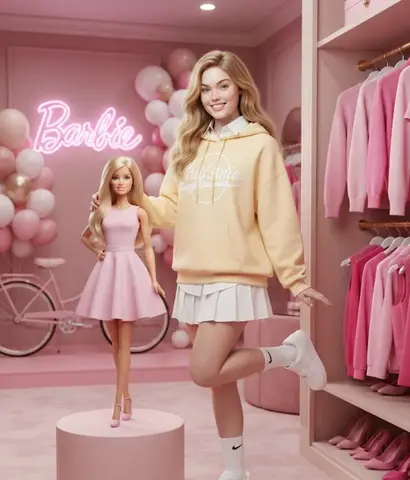 Блондинка в пастельно-жёлтом худи обнимает куклу Barbie в розовом бутике.