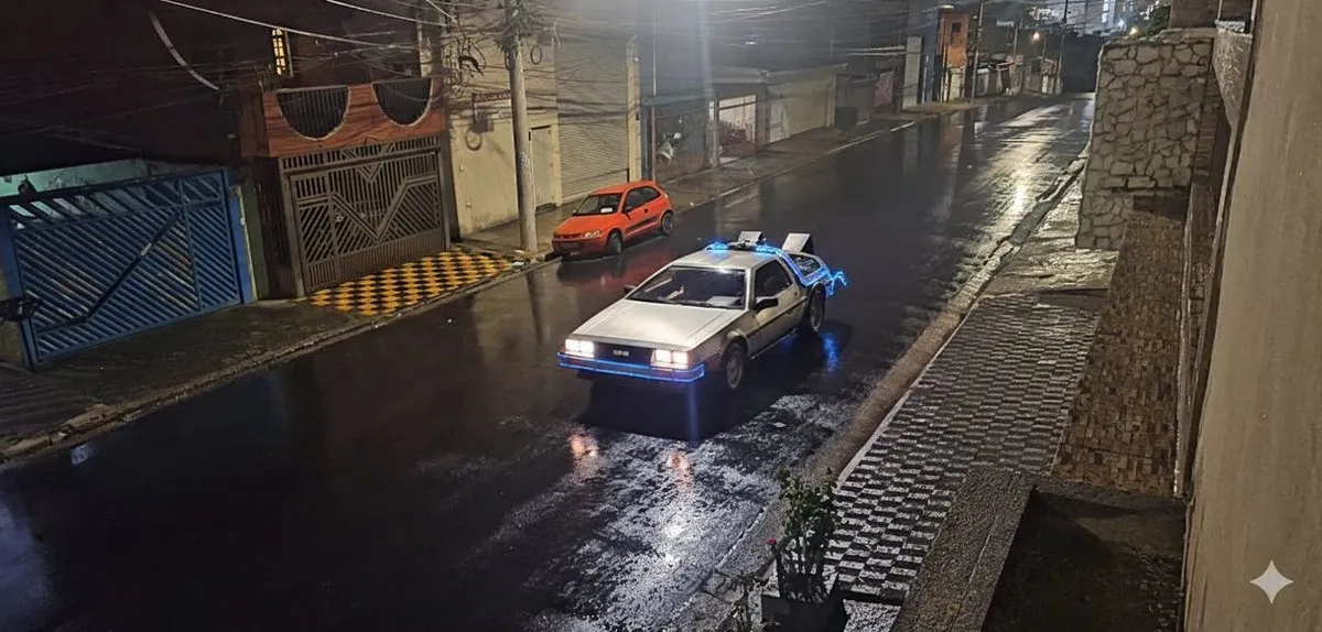 Промпт для добавления Delorean из Back to the Future в существующую сцену. · пример 2