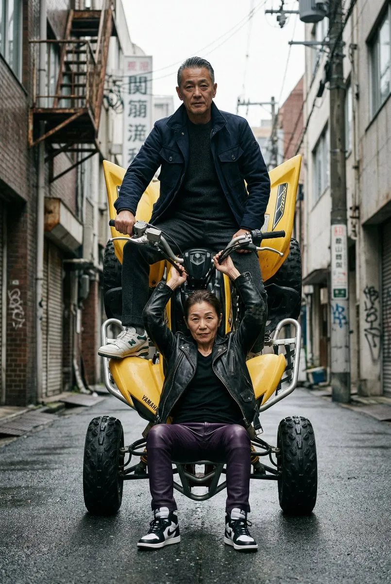 Мужчина сидит на поднятом квадроцикле Yamaha, а женщина свисает сбоку на фоне мокрого переулка.