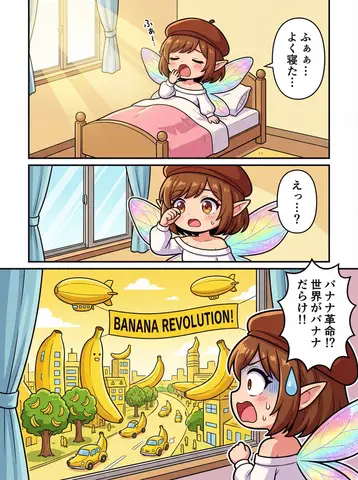 Пример идеи цветной манги, где выход Nano Banana 2 запускает Банановую революцию.