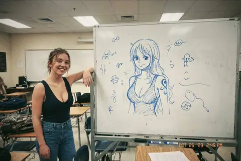Sydney Sweeney улыбается рядом с рисунком Nami на белой доске в классе.