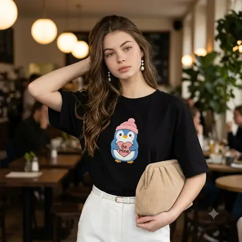 Женщина в чёрной футболке с вышитой нашивкой позирует в уютном кафе.