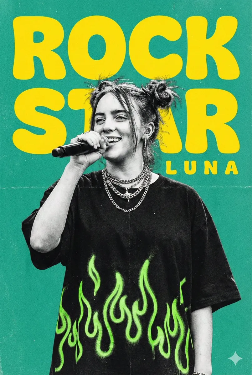 Певица с микрофоном на сцене на фоне крупной жёлтой надписи ROCK STAR.