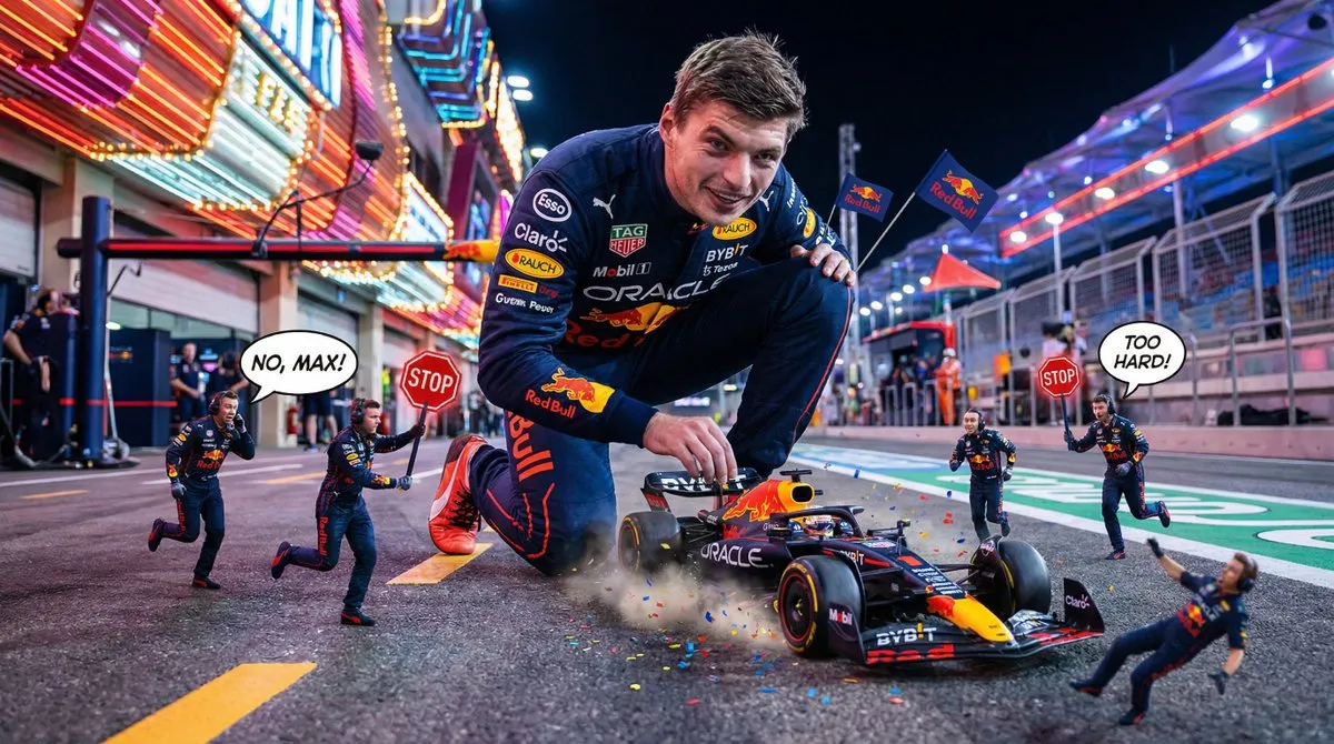 Гигантский Макс Ферстаппен трогает маленькую машину Red Bull, механики разбегаются. · пример 4