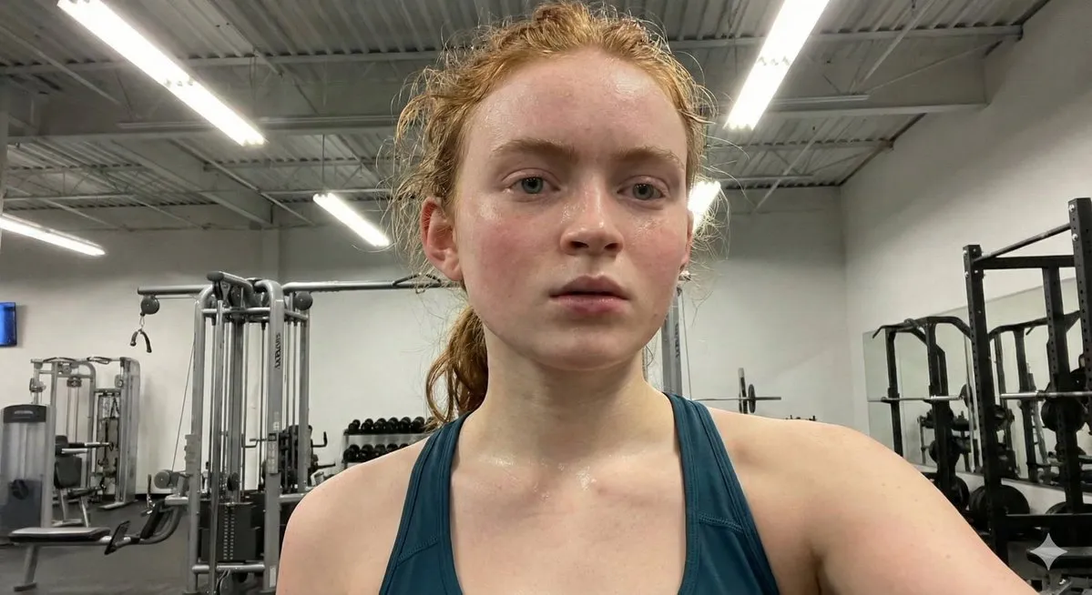 Sadie Sink после тренировки делает селфи в спортзале: рыжие волосы собраны в хвост, кожа покрыта потом. · пример 3