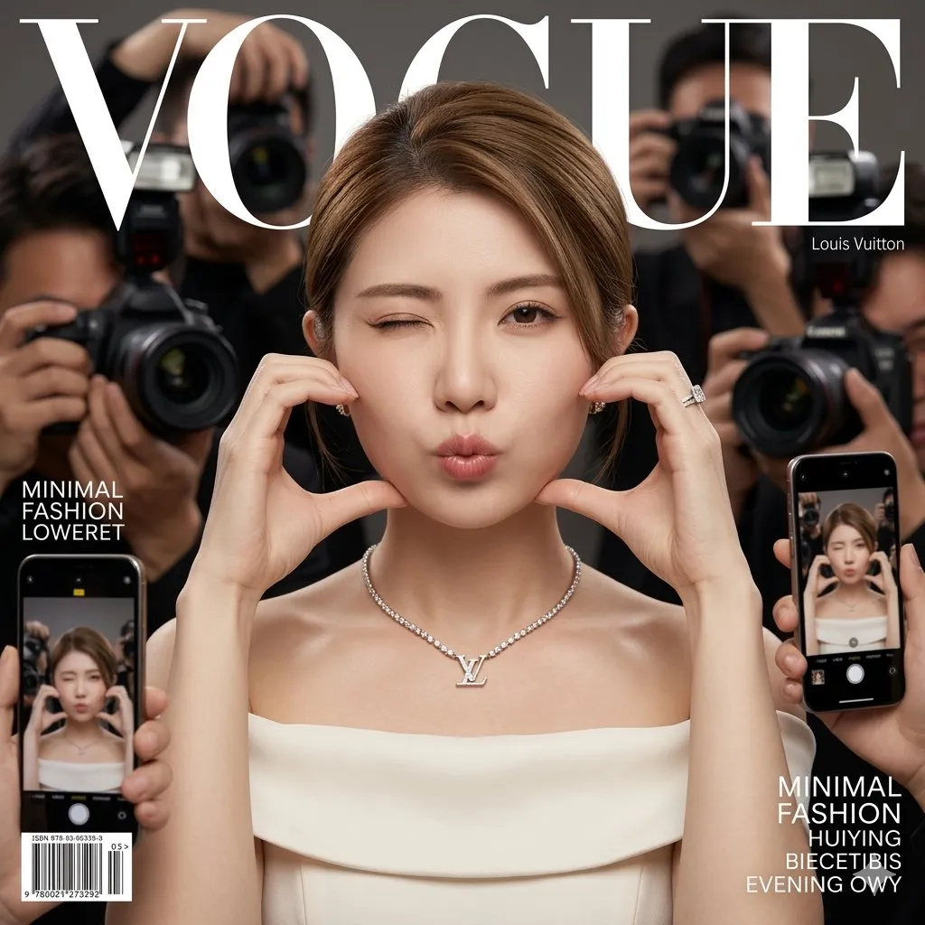 Женщина подмигивает и складывает руками сердце для обложки Vogue. · пример 3