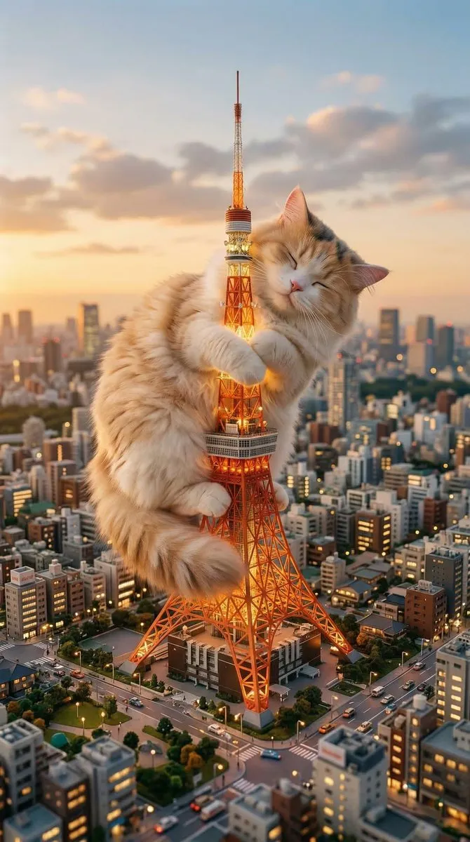 Промпт для сцены с гигантским котом, сидящим на Tokyo Tower над городом. · пример 3