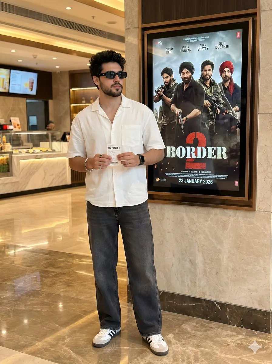 Молодой мужчина в белой рубашке стоит рядом с постером фильма Border 2. · пример 2