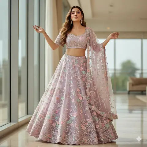 Женщина в пастельном вышитом наряде Lehenga стоит в современном светлом зале.