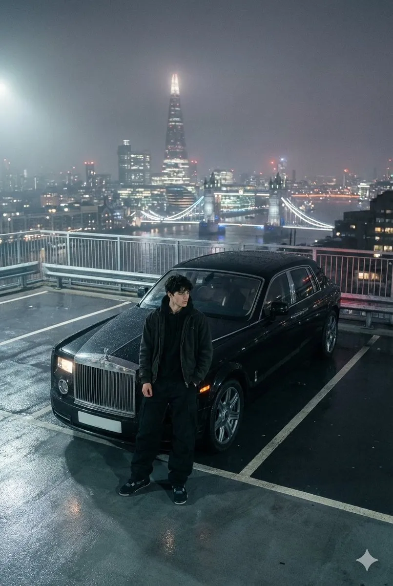 Молодой мужчина позирует у Rolls-royce на крыше с видом на ночной Лондон · пример 2