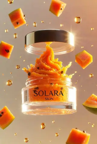 Прозрачная банка SOLARA SKIN парит над оранжевым скрабом, кусочками папайи и золотистыми каплями.