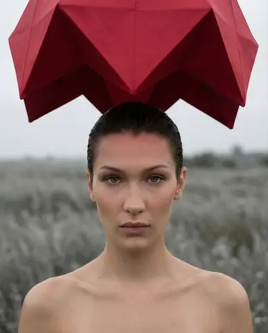 Пример сюрреалистичного модного портрета с выразительным взглядом и геометрическими формами.