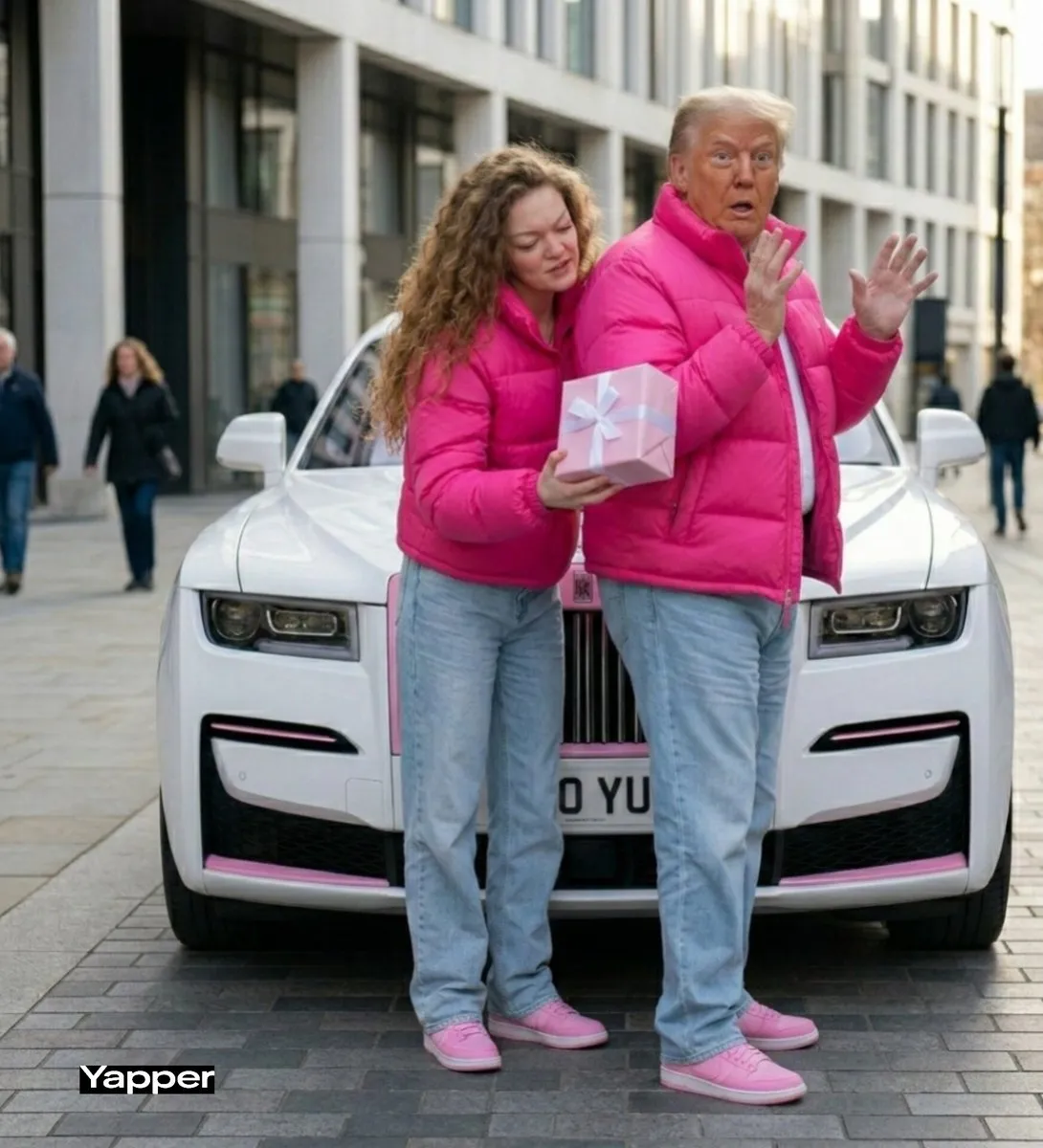 Мужчина и пользователь в розовых пуховиках стоят у белого Rolls-Royce. · пример 1