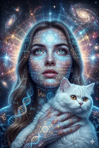 Женщина смотрит вверх на фоне галактик, а на её лице светятся уравнения и космические символы.