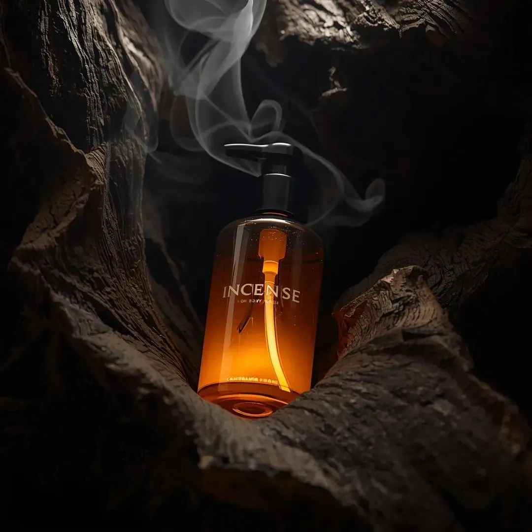 Пример промпта для премиальной фотографии флакона Incense Oud Body Wash среди древесины и дыма ладана. · пример 3