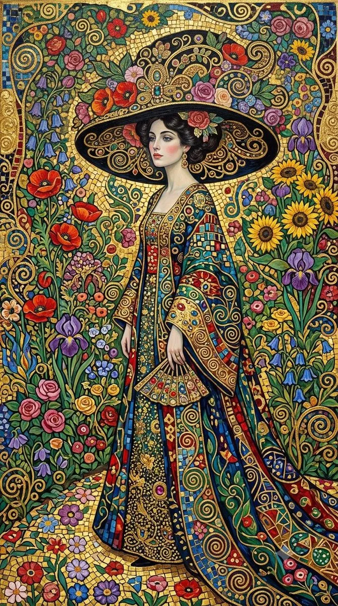 Текстовый промпт для картины в стиле Gustav Klimt с женщиной в саду. · пример 4