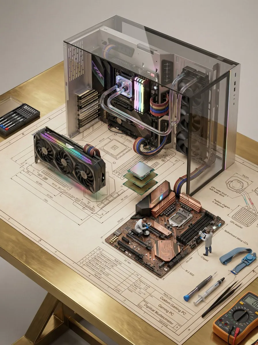 Техническая схема показывает миниатюрный кластер GPU, собирающийся из чертежа на латунном столе. · пример 2