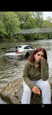Женщина спокойно сидит у реки рядом с частично затопленным Porsche 911 GT3 RS после аварии.