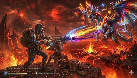 Аллатреон из Monster Hunter под огнём баллисты на фоне палящего жара.