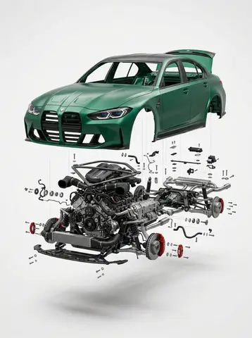 Автомобиль BMW M3 Competition показан в разобранном виде: корпус парит над открытой механикой.