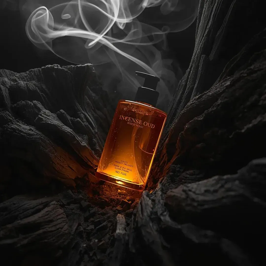 Пример промпта для премиальной фотографии флакона Incense Oud Body Wash среди древесины и дыма ладана. · пример 4