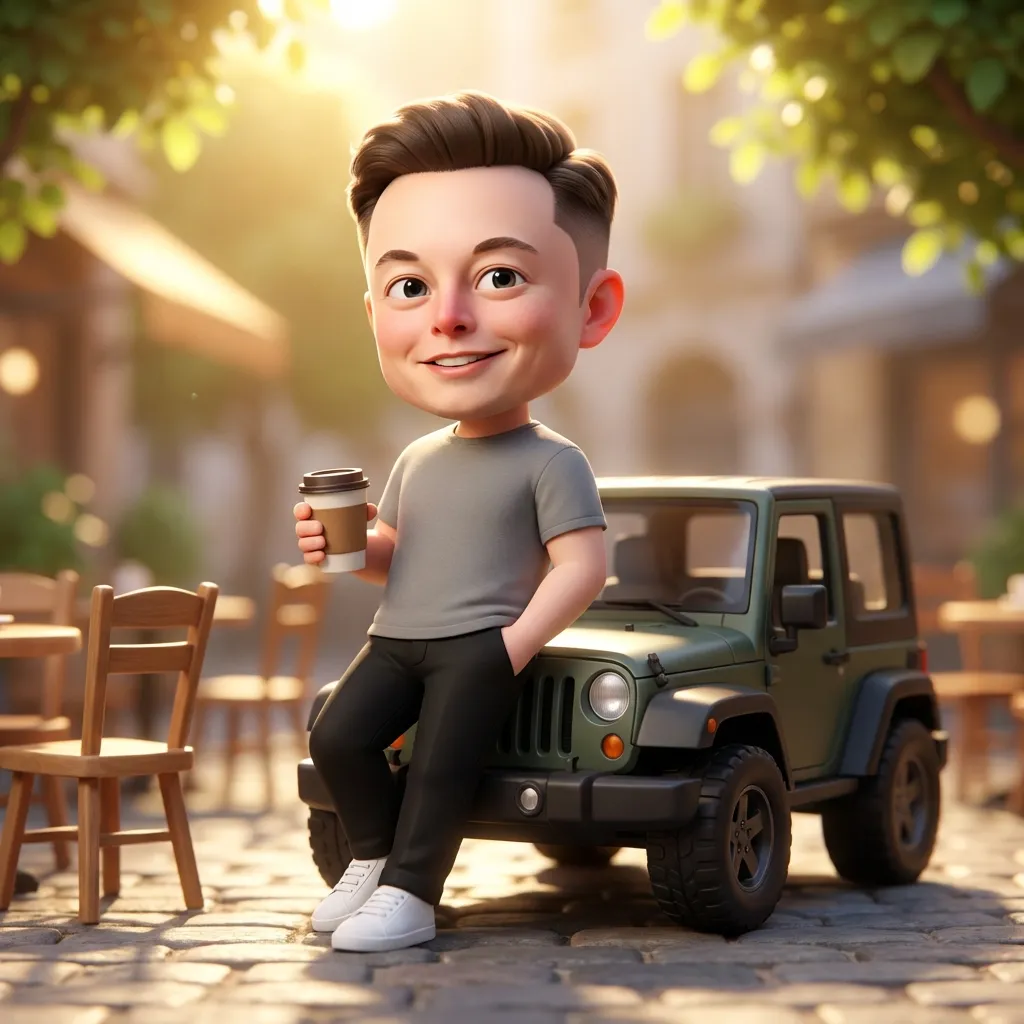Фрагмент промпта для чиби-персонажа у миниатюрного Jeep во дворике кафе. · пример 2