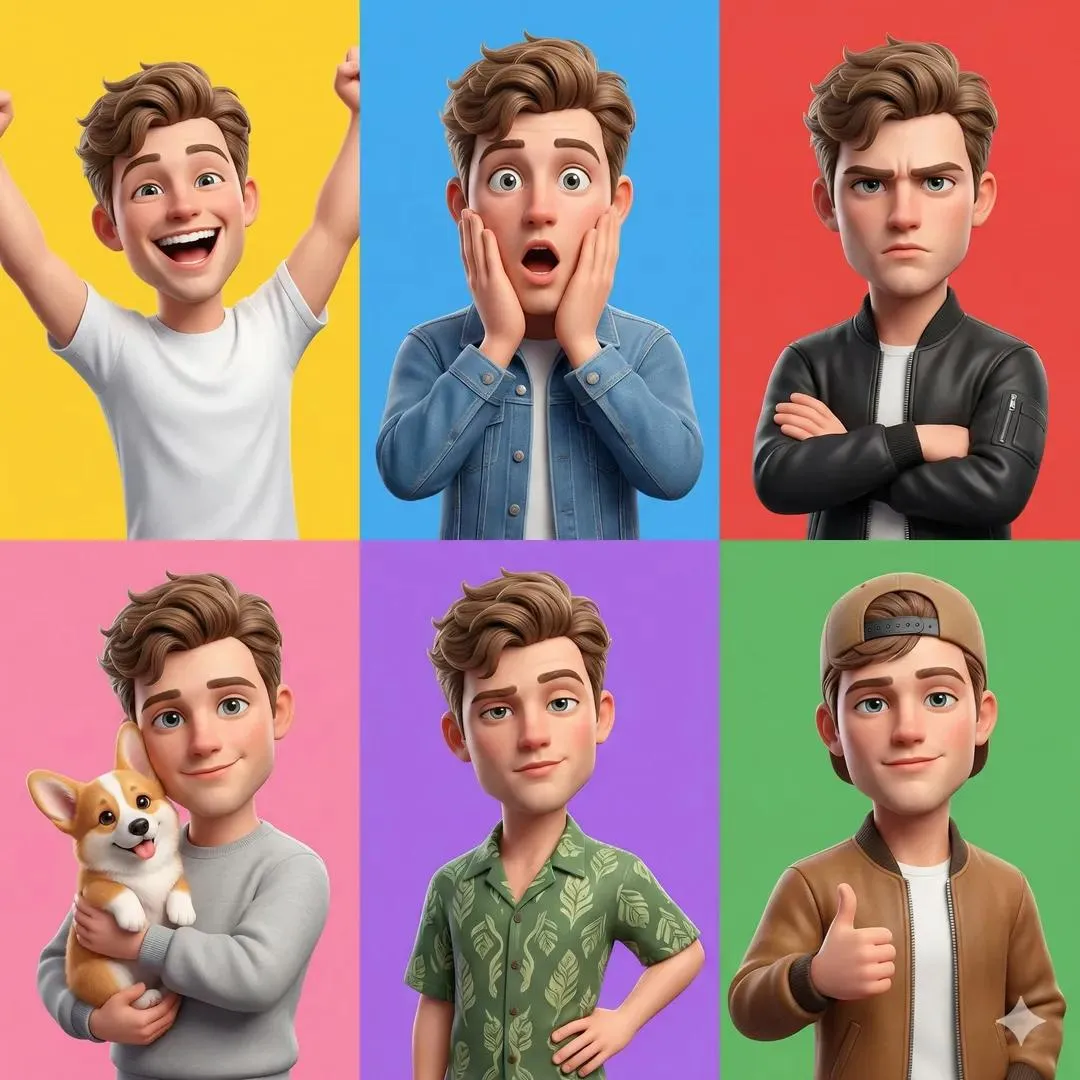 Пример сетки из шести панелей с молодым мужским персонажем в стиле Pixar.