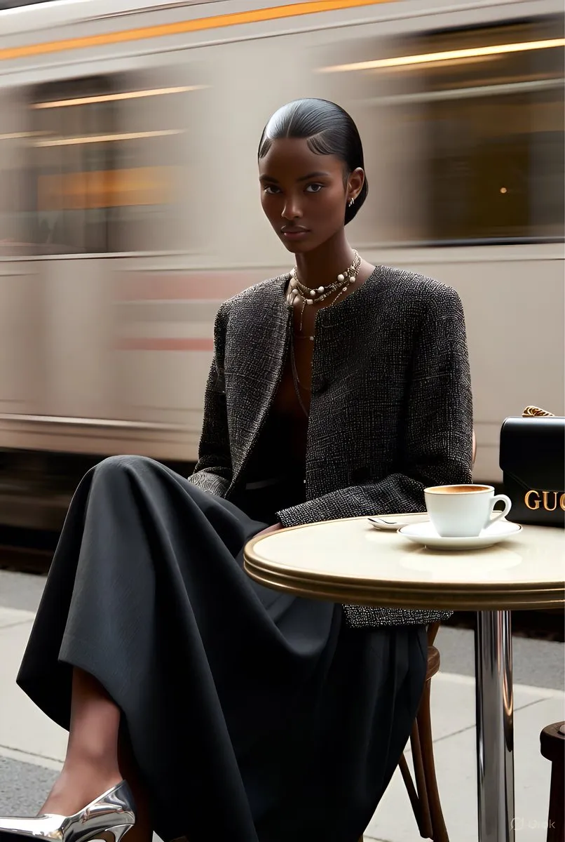 Пример из источника для модной сцены с сумкой Gucci на платформе метро. · пример 3