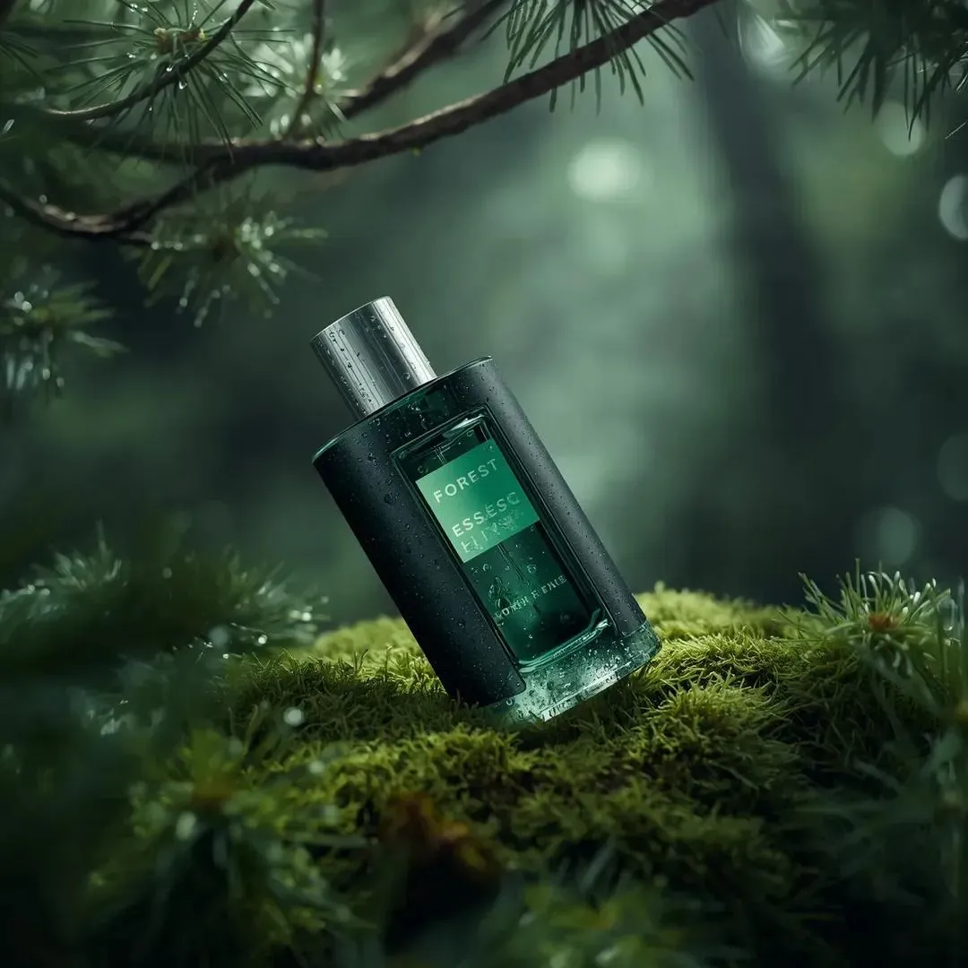 Флакон духов лежит на зелёном мху среди лесной листвы и тумана. · пример 4