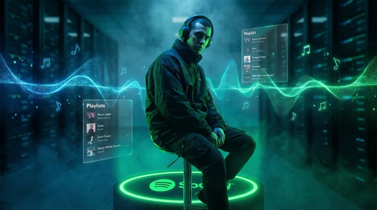 Человек в наушниках сидит у неоновой табуретки Spotify среди голографических волн. · пример 4
