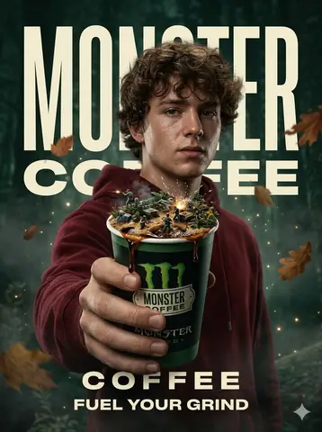 Промпт для сюрреалистичного рекламного постера Monster Energy со стаканом и миниатюрной сценой внутри.
