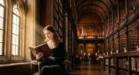 Женщина читает старую книгу у арочного окна в зале с высокими стеллажами.
