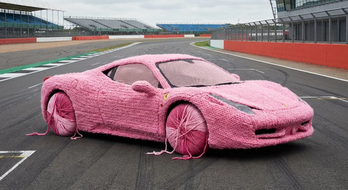 Киберпанк-улица, Ferrari из розовой пряжи и миниатюрный лес в колбе. · пример 2