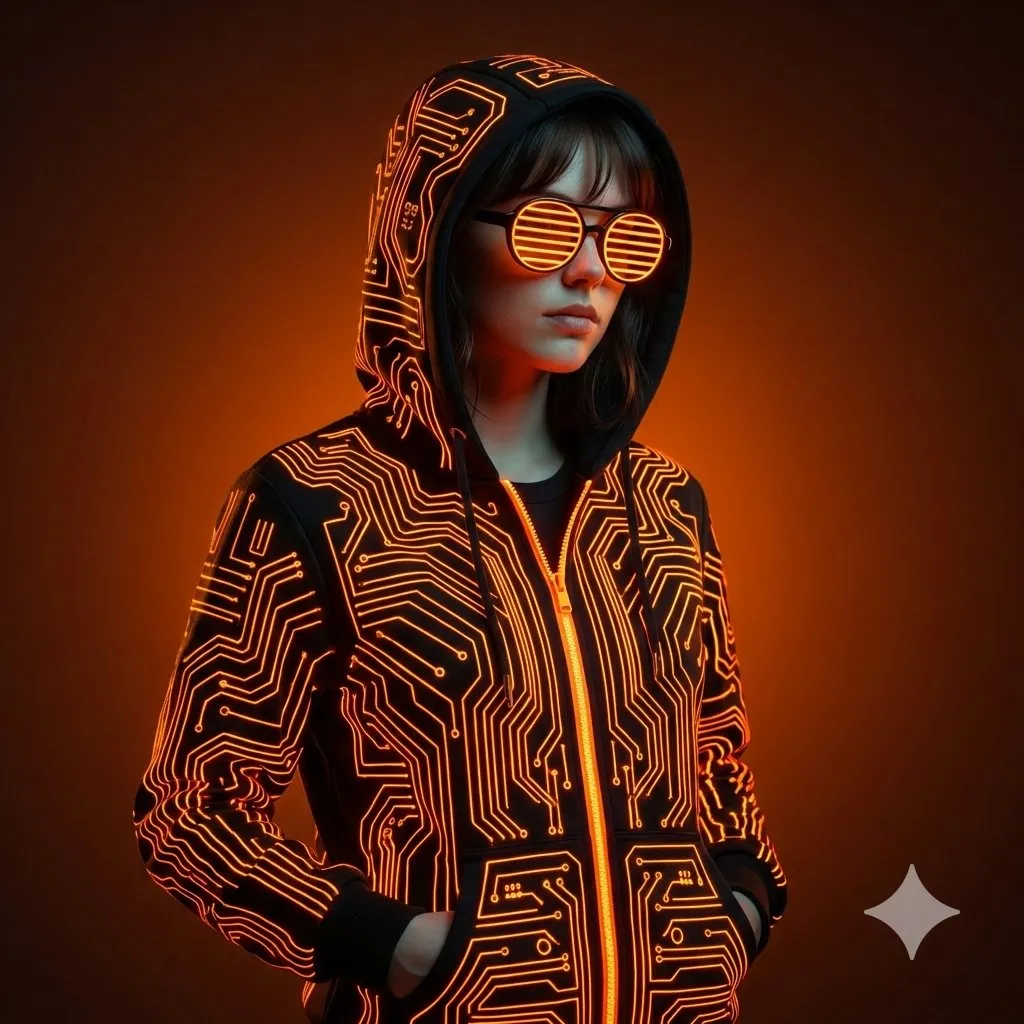 Человек в чёрном киберпанк-худи с оранжевыми светящимися линиями на тёмном фоне. · пример 2