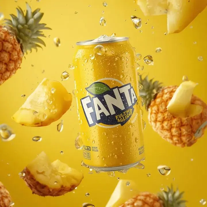 Промпт для рекламной фотографии жёлтой банки Fanta с ломтиками ананаса в воздухе. · пример 3