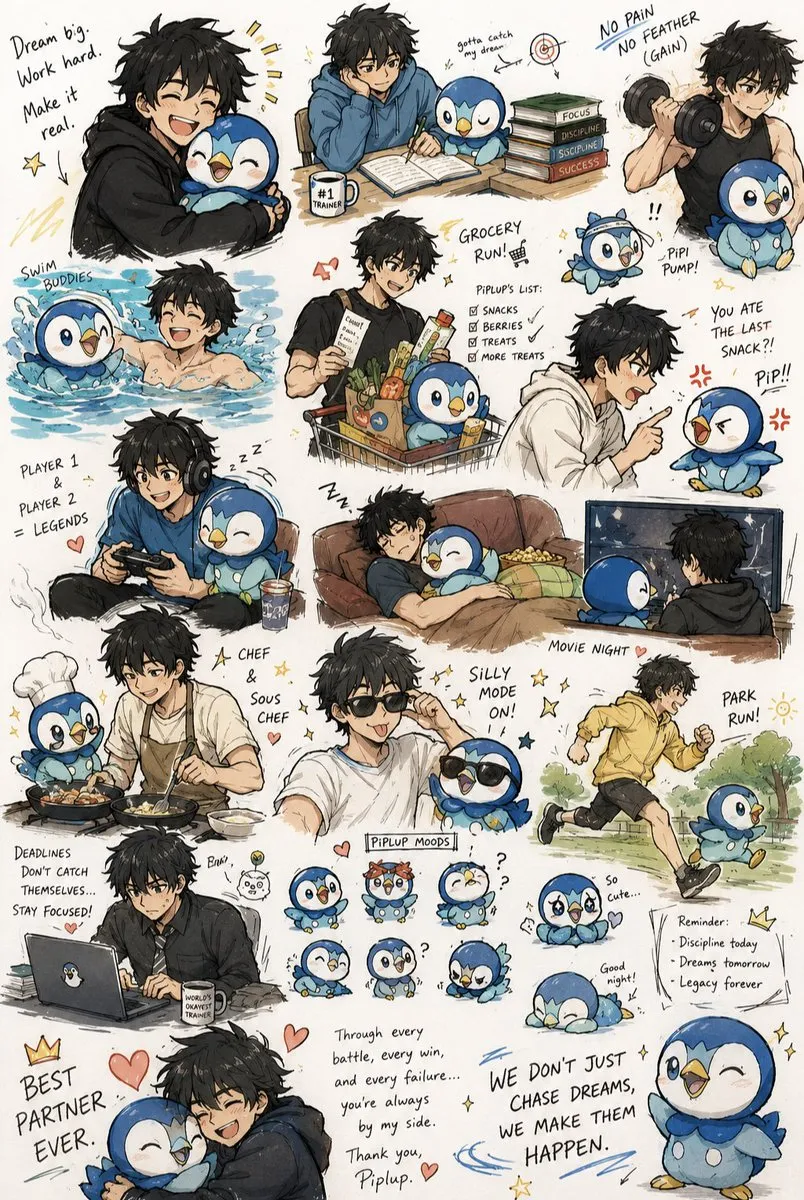 Промпт для аниме-листа с повседневными сценами дружбы героя и Piplup.