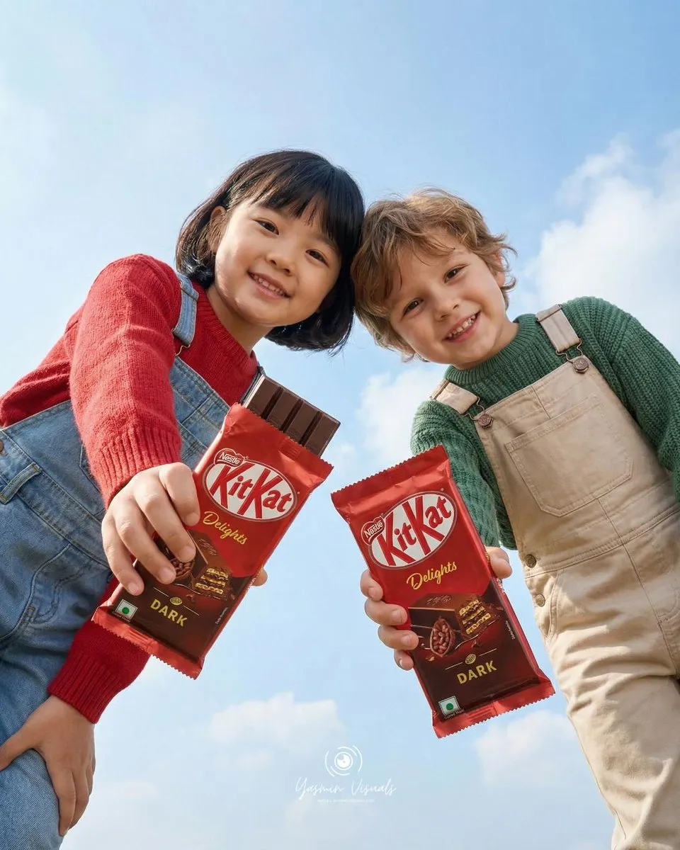 Пример промпта для рекламы KitKat Dark с девушкой на ярком красном фоне. · пример 3