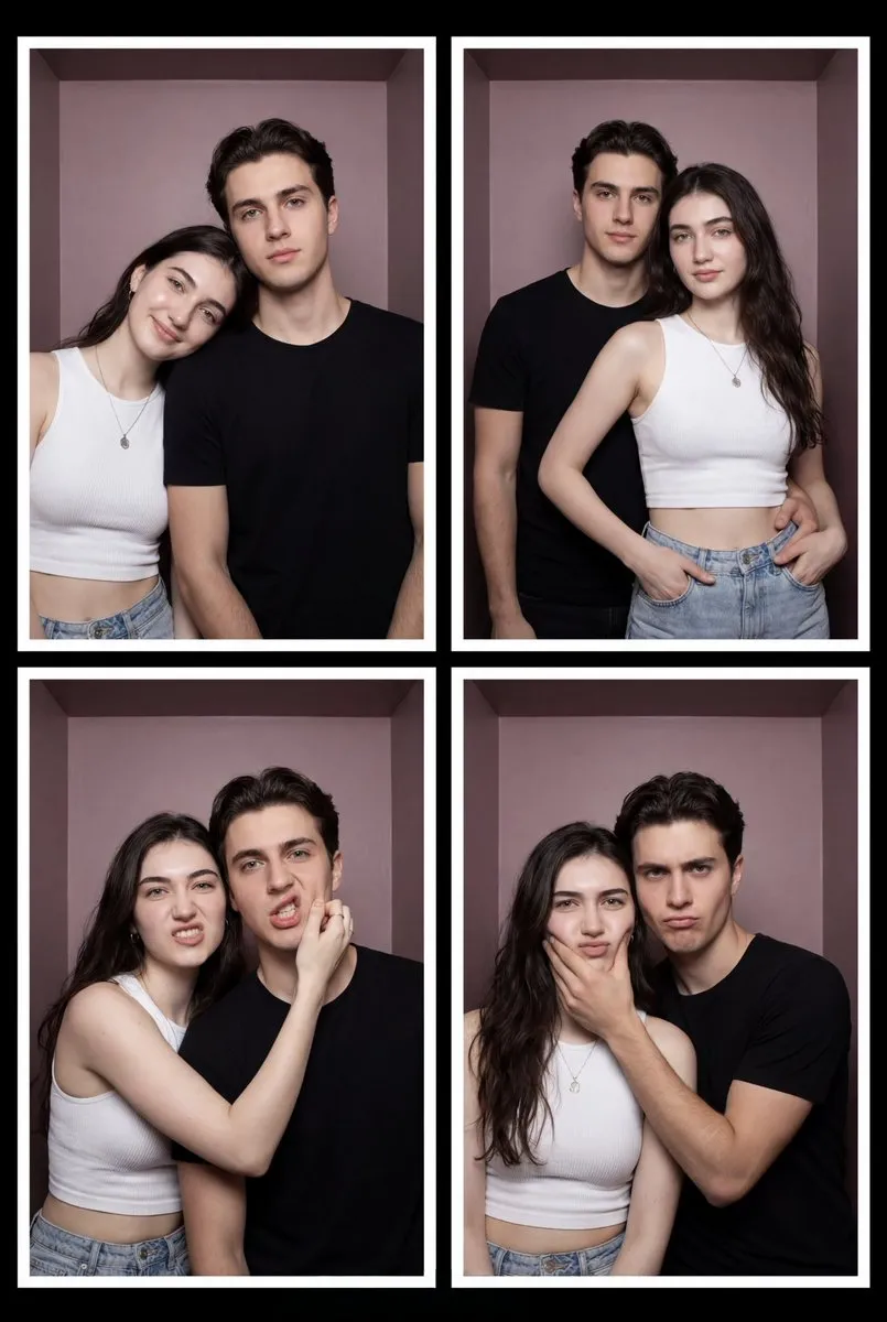 Пара позирует в четырёх кадрах фотобудки на приглушённом лиловом фоне.