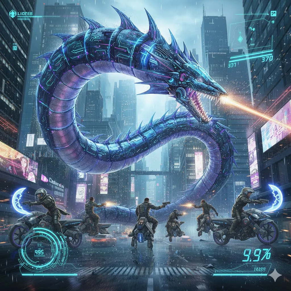 Пример короткого промпта для битвы Левиафана с игроками в стилистике Cyberpunk. · пример 2