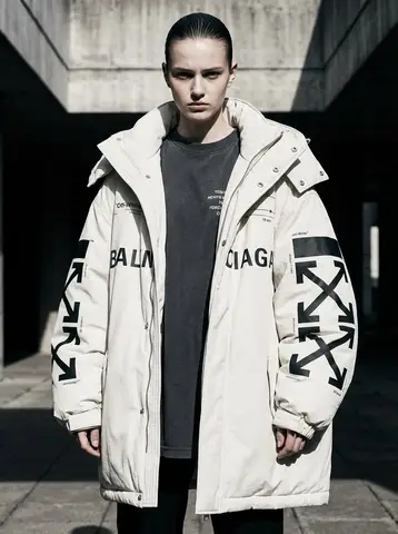 Молодая женщина в намеренно объёмной куртке Off-White × Balenciaga
