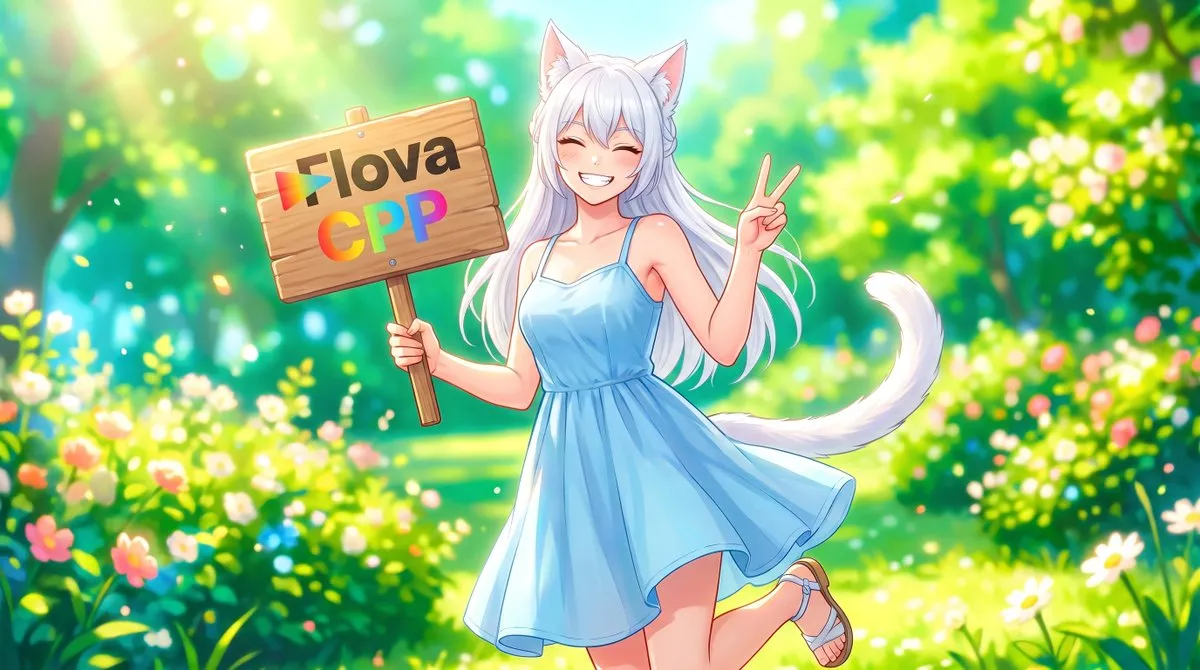 Персонаж держит табличку с текстом Flova CPP и показывает знак мира. · пример 2